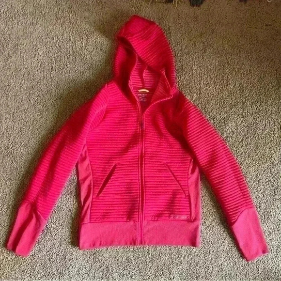 Brooks Womens Size XS Fly-By Hoodie Pink Full Zip Raglan Sleeve Pockets Ribbed - Picture 2 of 5